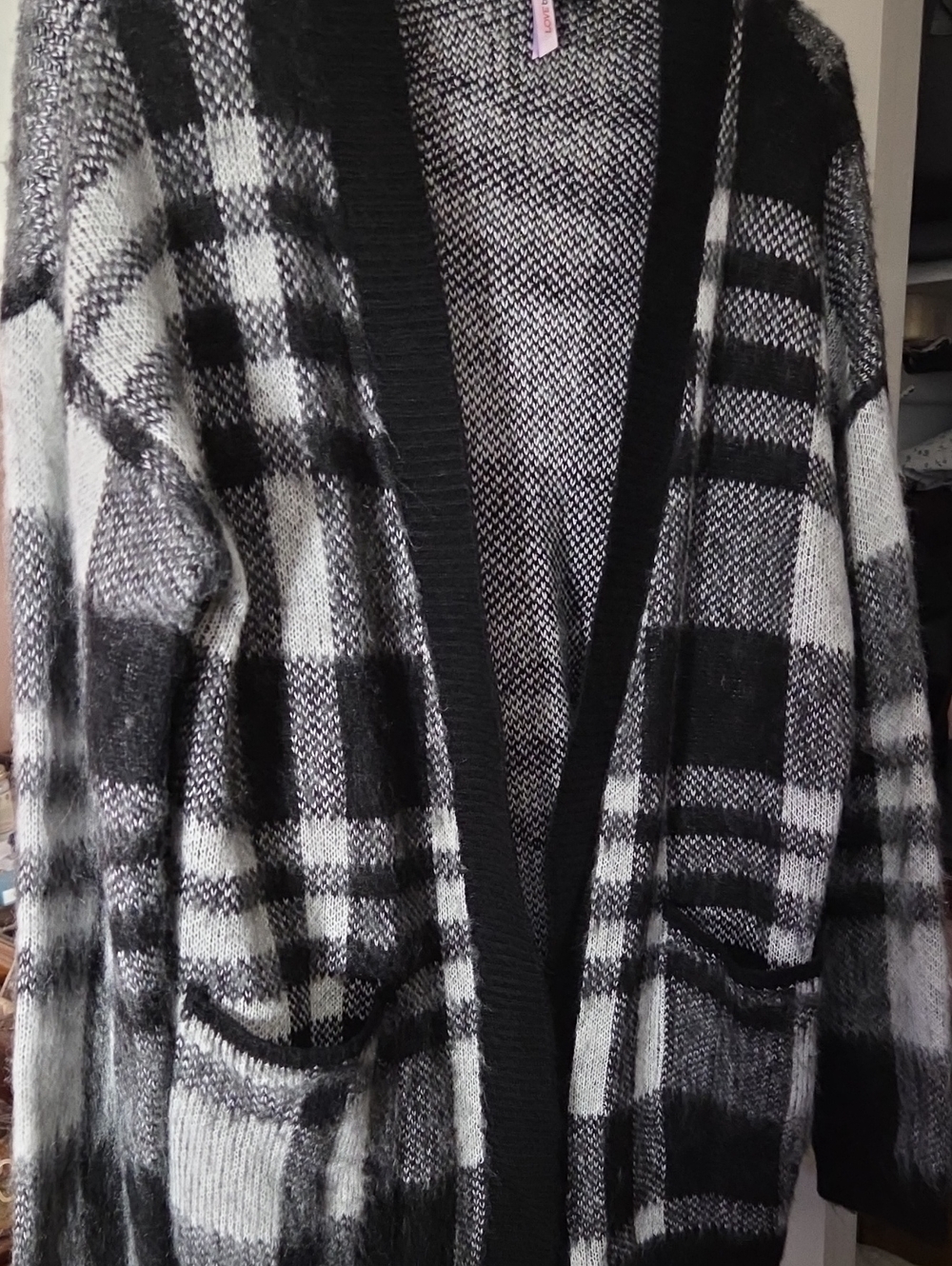 Black and White Plaid Open-Front Women's Cardigan Sweater